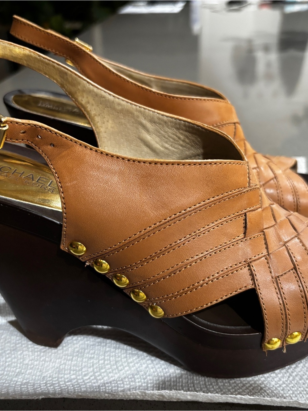Michael Kors Cognac Leather Wedge Slingback Sandals with Gold Studs